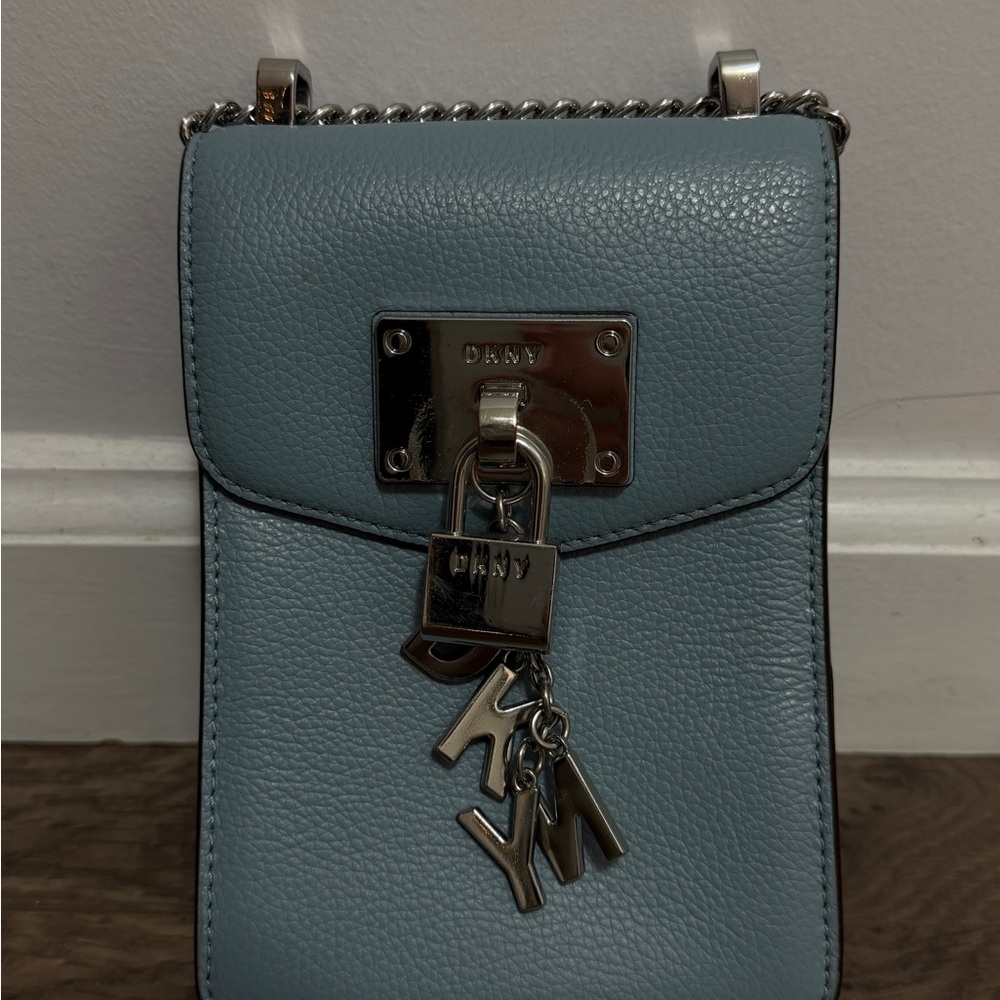 DKNY Powder Blue Leather Crossbody with Silver Hardware and Charm